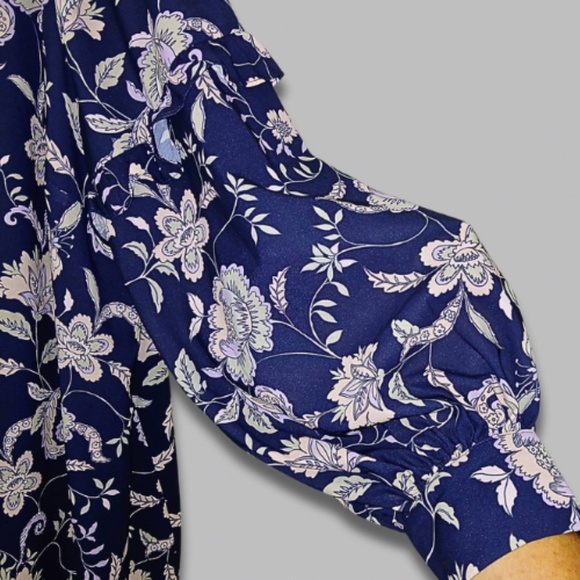 Eloquii Shift Dress Long Sleeve Tie-Neck Keyhole Ruffled Floral Navy Blue W 22 - Picture 4 of 7